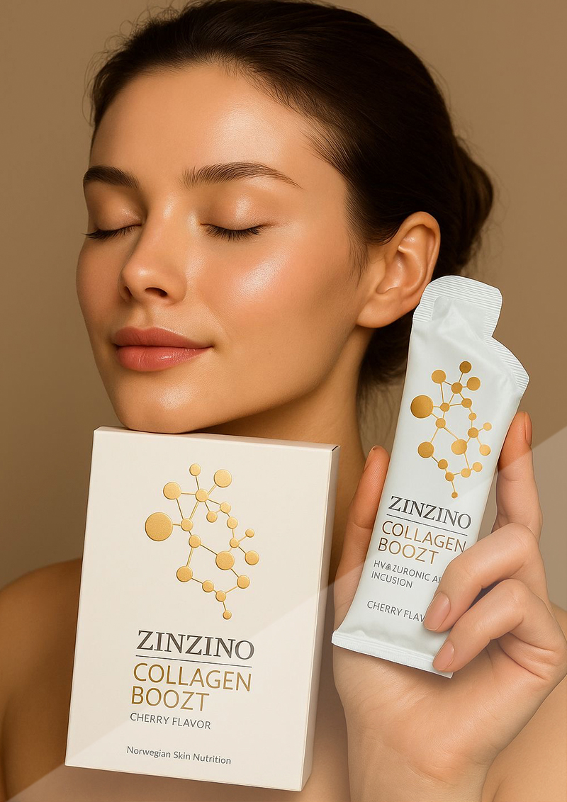 Zinzino Kollagen Boozt Eine makellos schöne Frau blickt mit geschlossenen Augen in die Kamera. In der Hand hält sie eine Packung Zinzino Kollagen Boot.